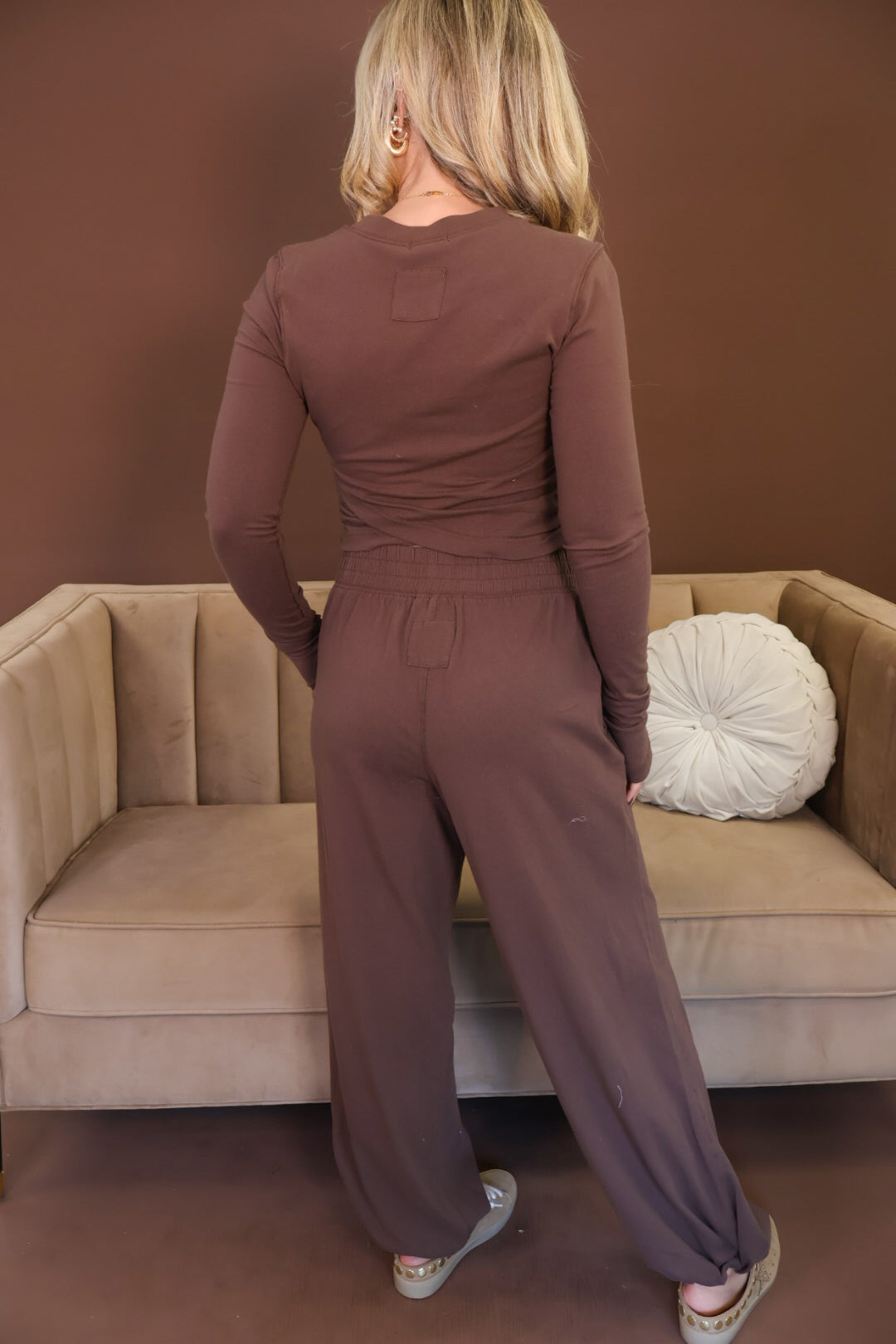 Brown Crossover Crop Top & Jogger Pants Set