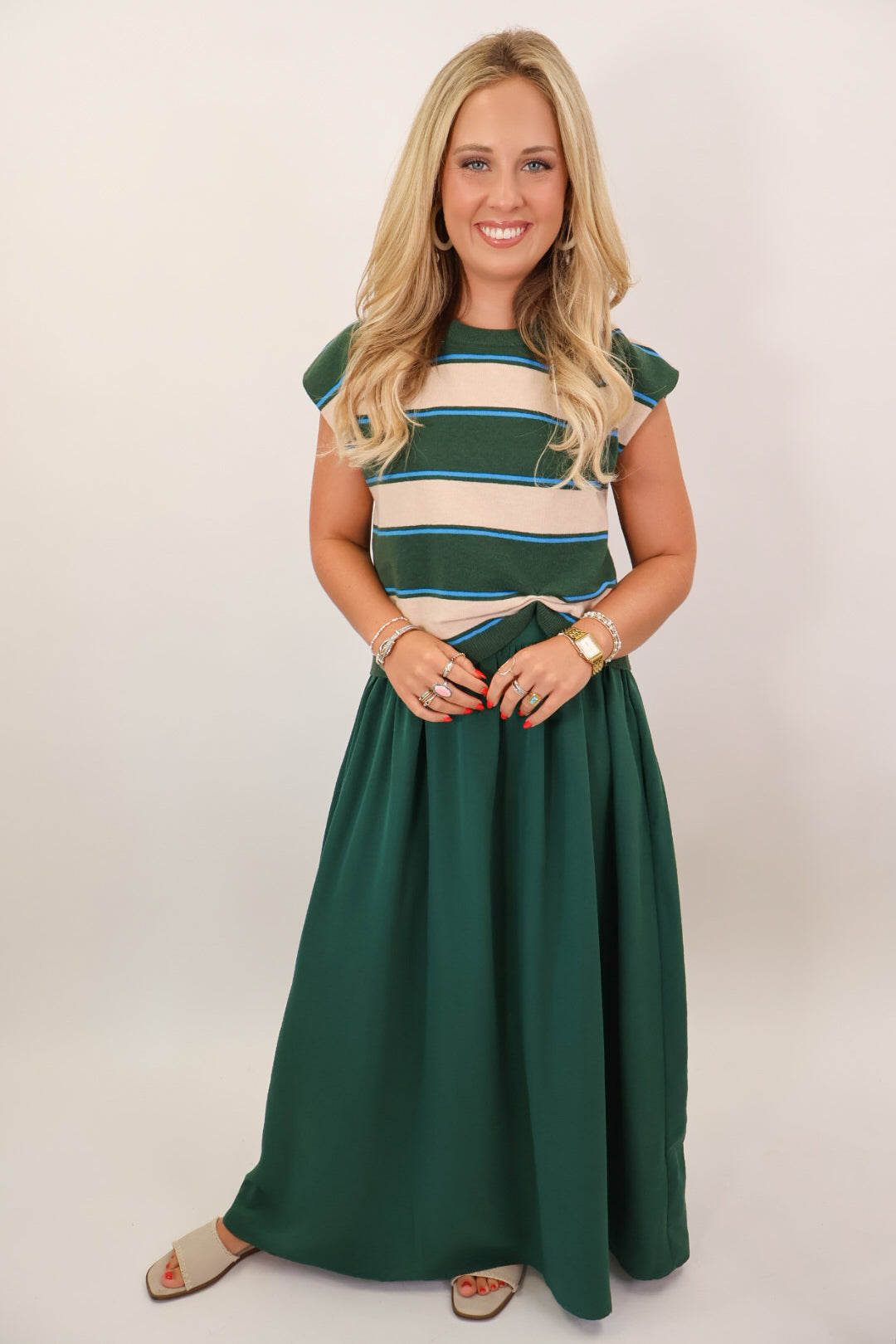 Hunter Green Stripe Two-in-One Midi Dress