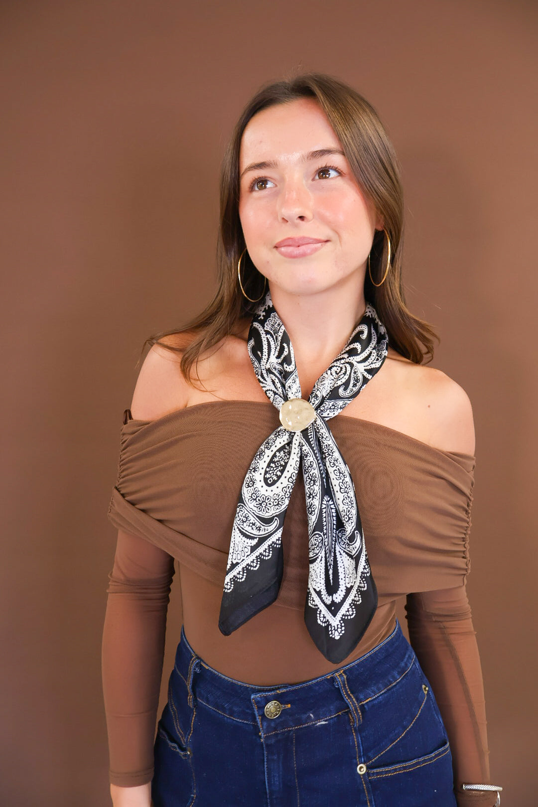Black & White Paisley Scarf Necklace with Gold Slide