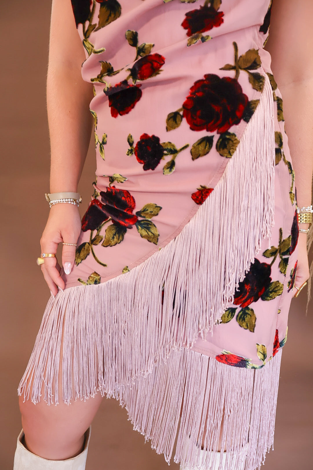 Blush Velvet Burnout Floral Fringe Hem Dress