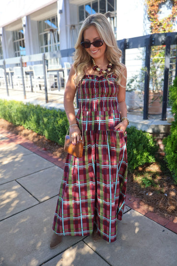 Burgundy Plaid Smocked Maxi Dress