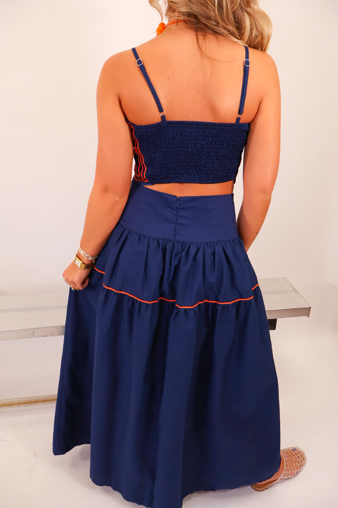 Navy & Orange Trimmed Crop Top & Midi Skirt Set