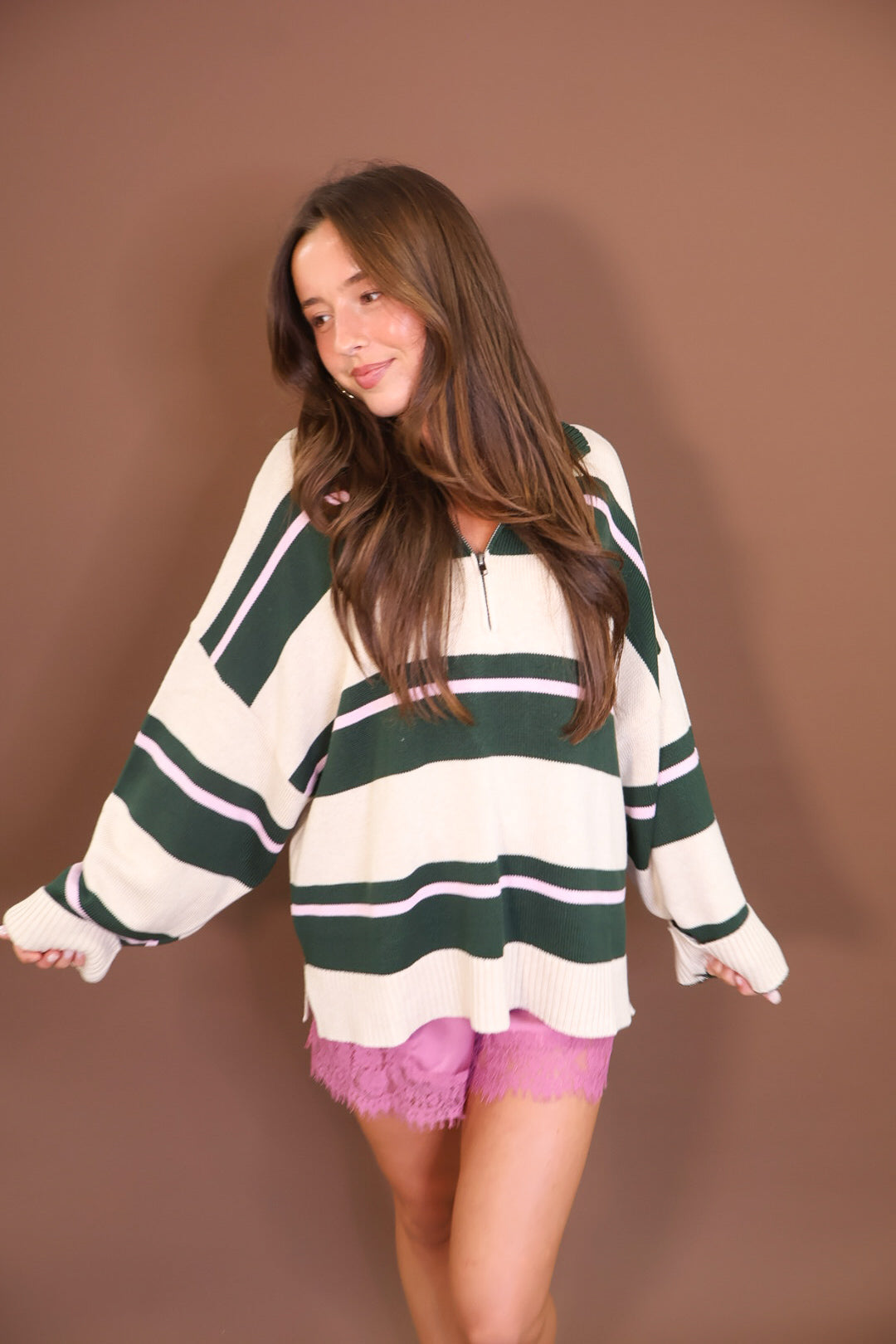Hunter Green & Cream Oversized Quarter-Zip Sweater