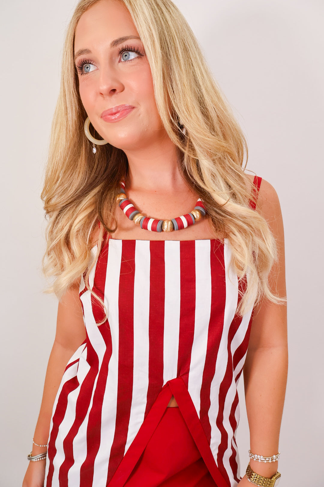 Crimson Stripe Slit Front Top & Skirt Set