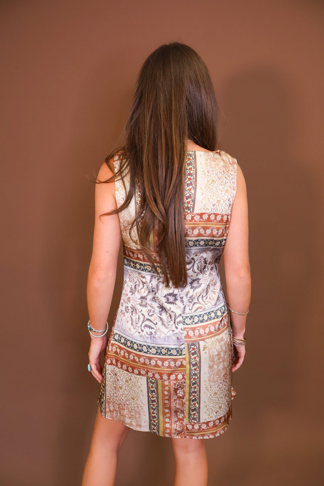 Patchwork Printed Satin Cowl Neck Mini Dress