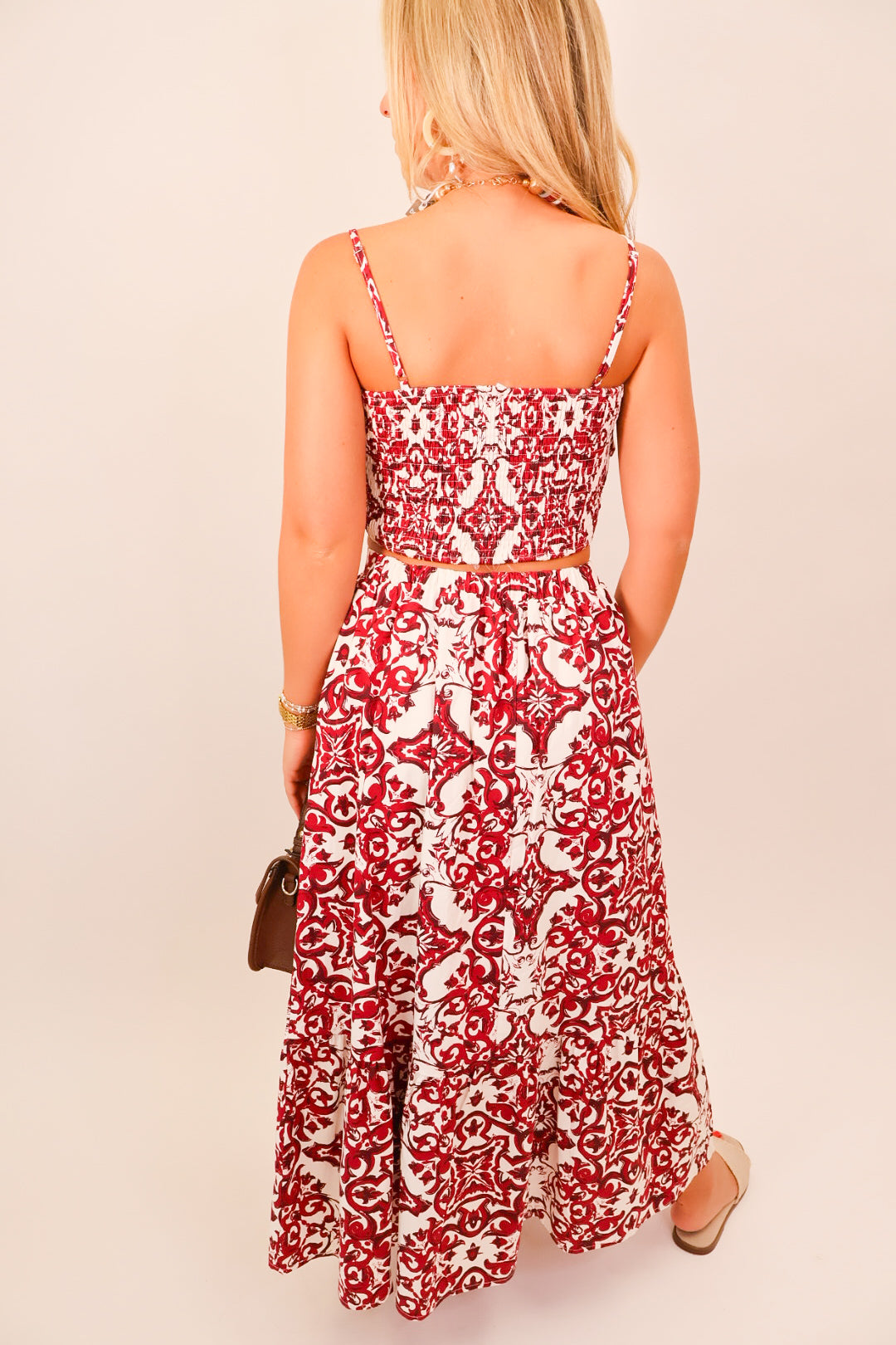 Crimson Print Crop Top & Midi Skirt Set