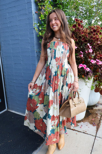 Teal Floral Spaghetti Strap Midi Dress