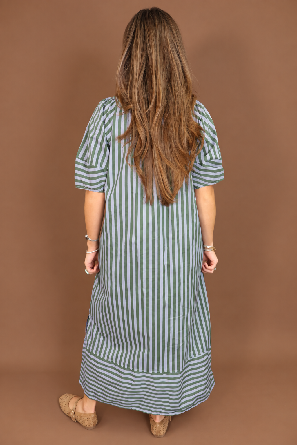 Blue Green Striped Midi Dress