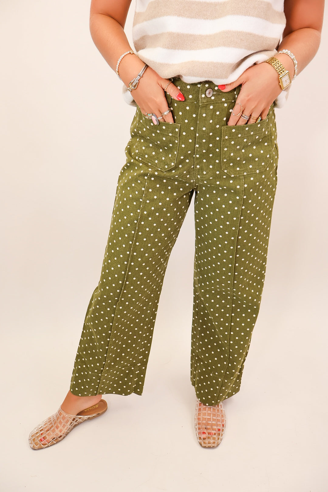 Olive Polka Dot Barrel Jeans