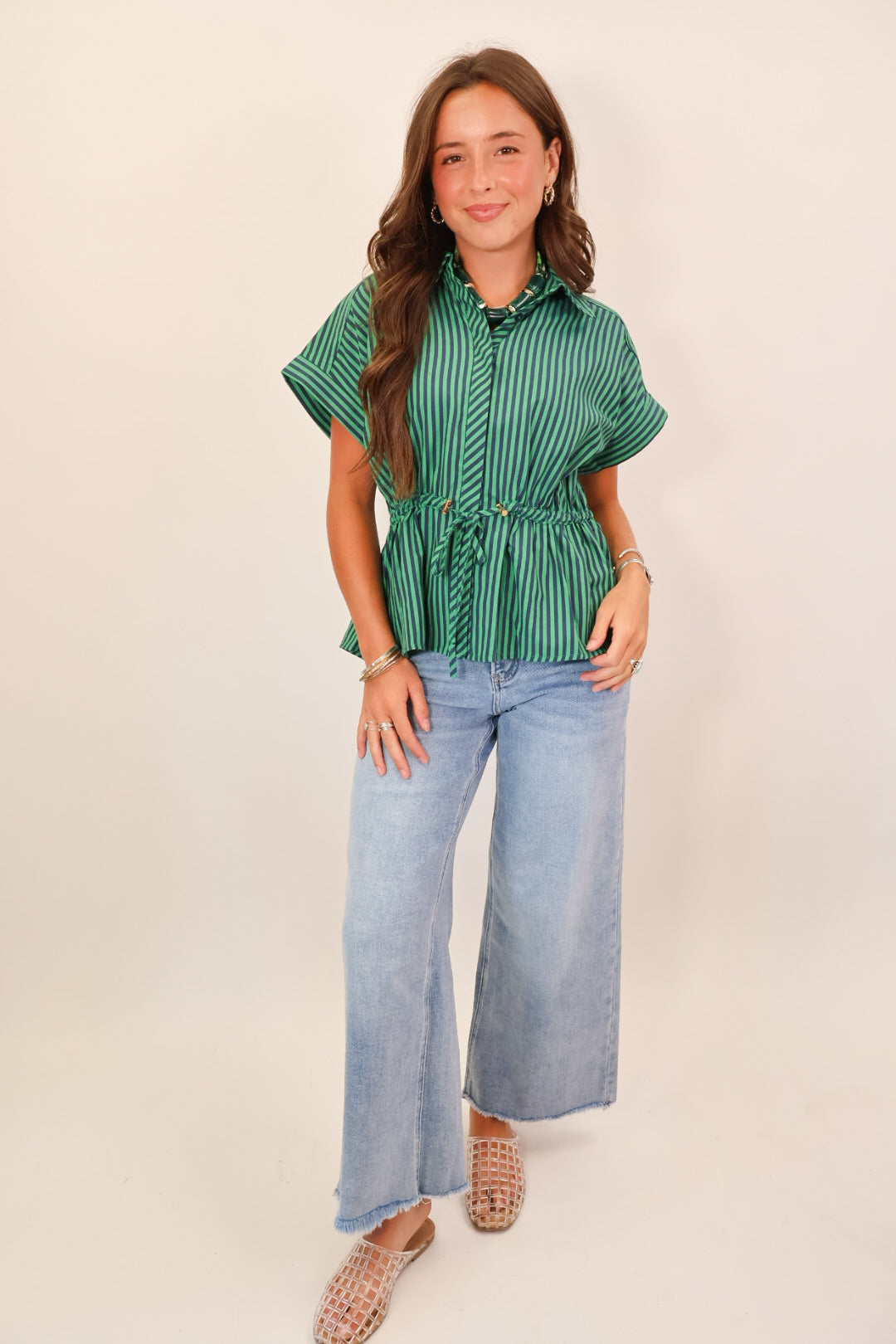 Green & Navy Striped Drawstring Top