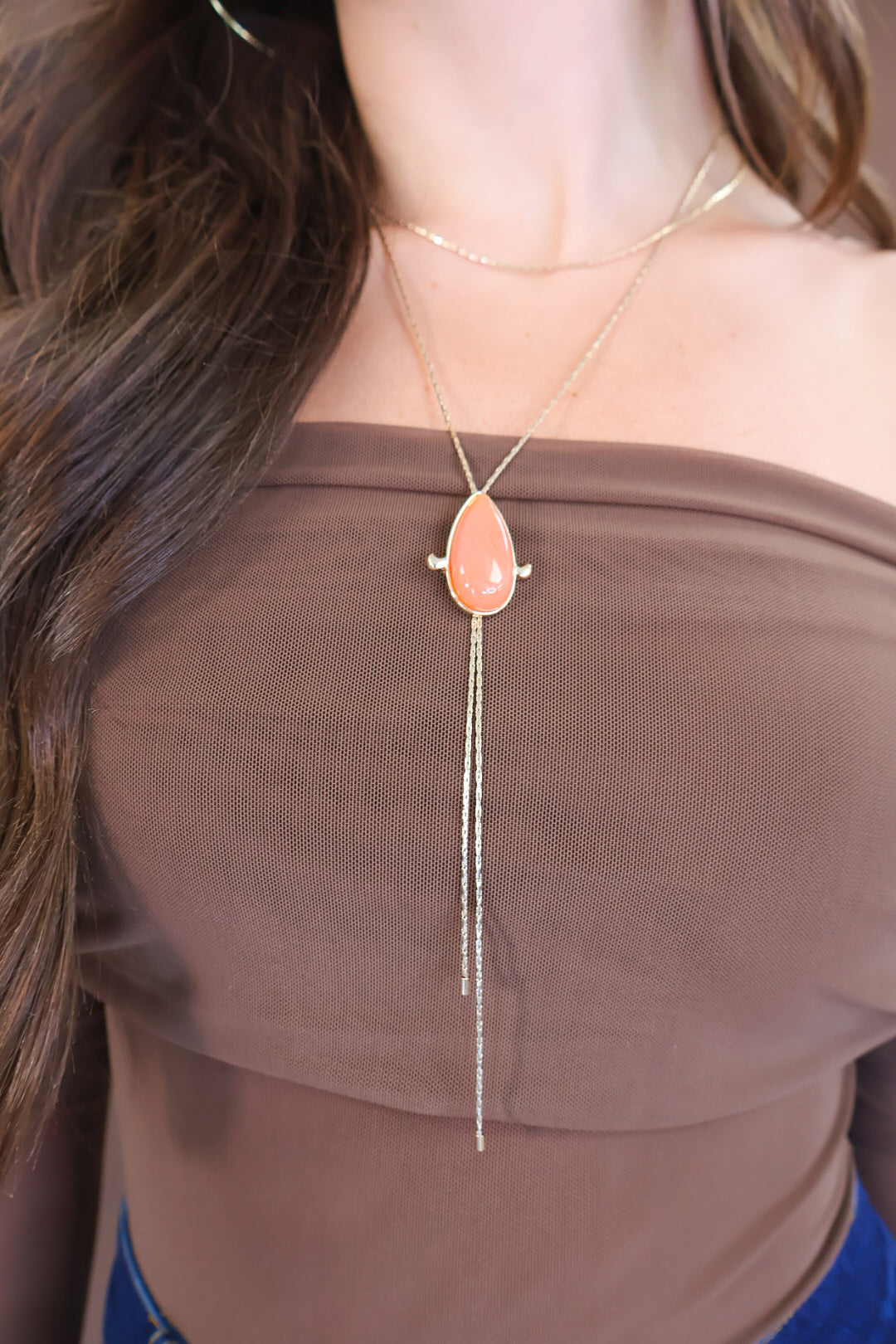 Coral Teardrop Stone Bolo Necklace