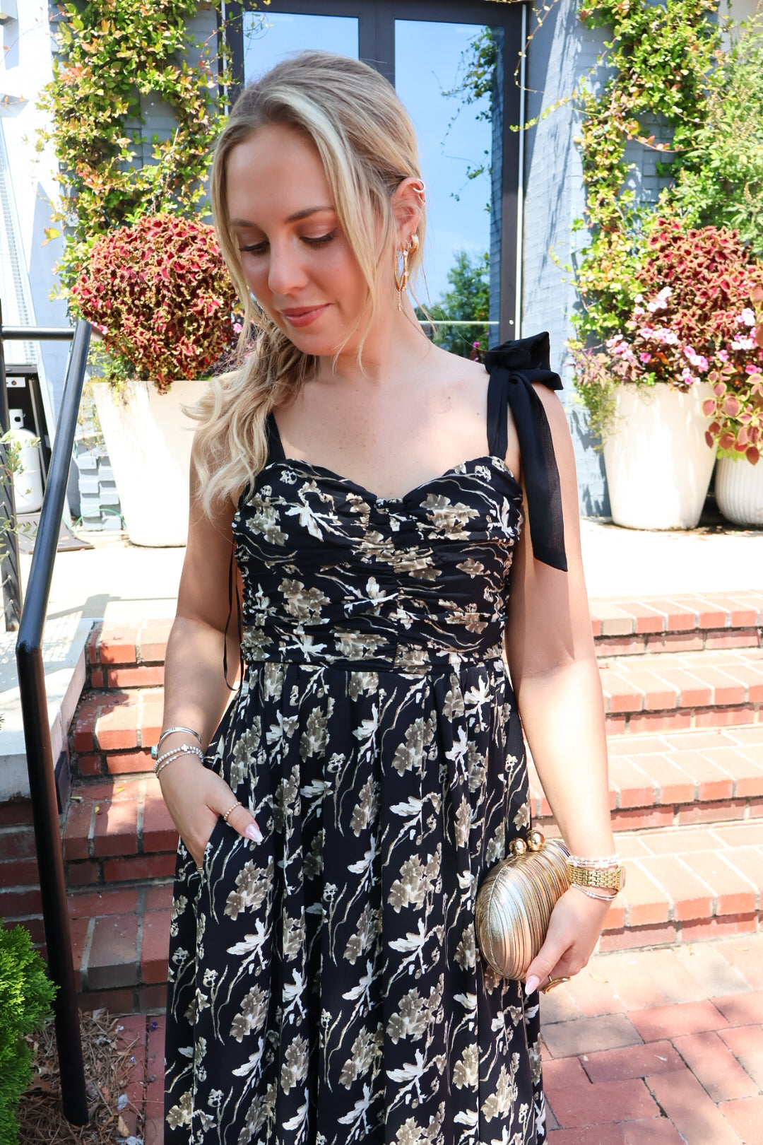 Black & Gold Floral Shoulder Tie Maxi Dress