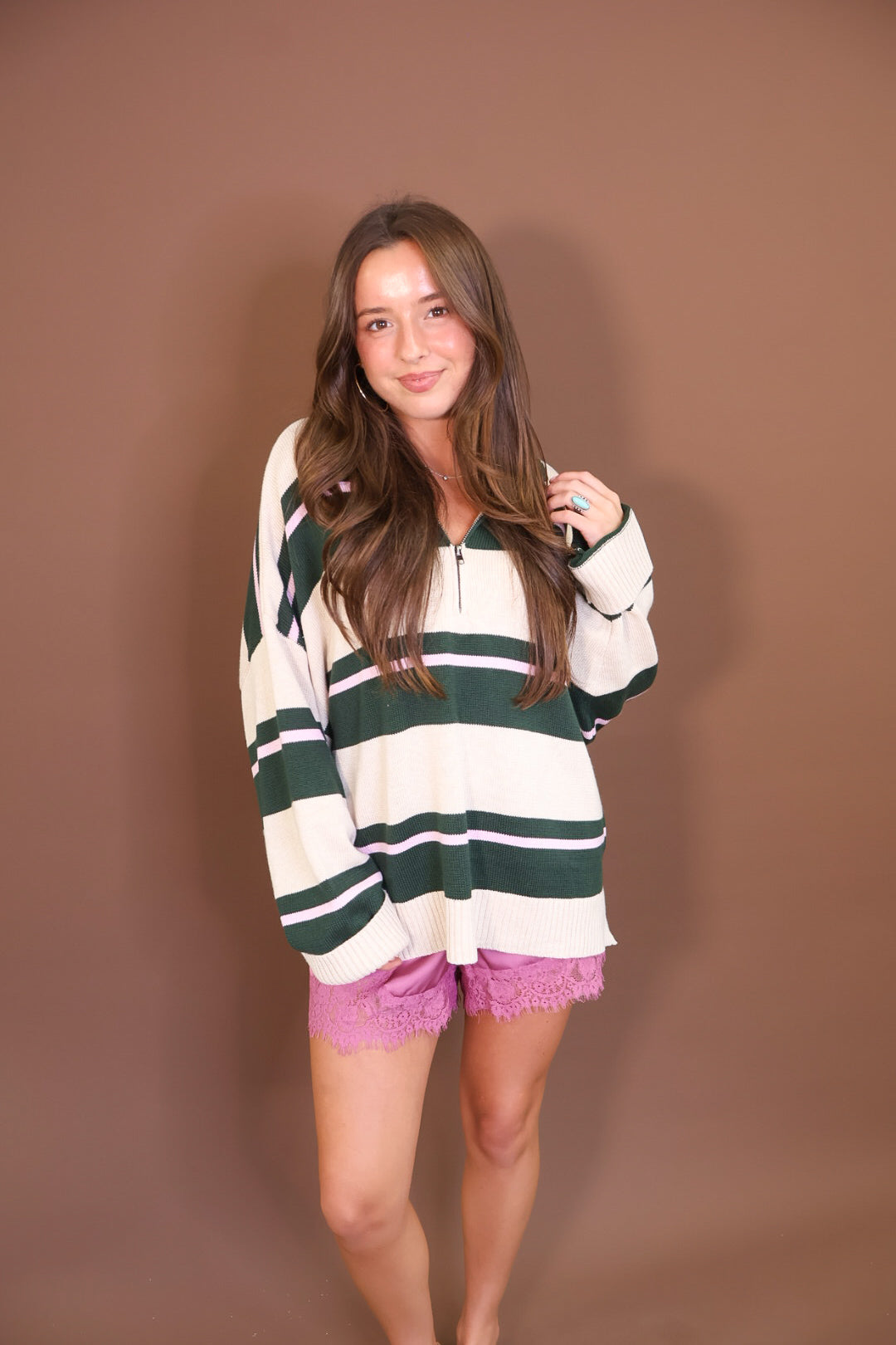 Hunter Green & Cream Oversized Quarter-Zip Sweater