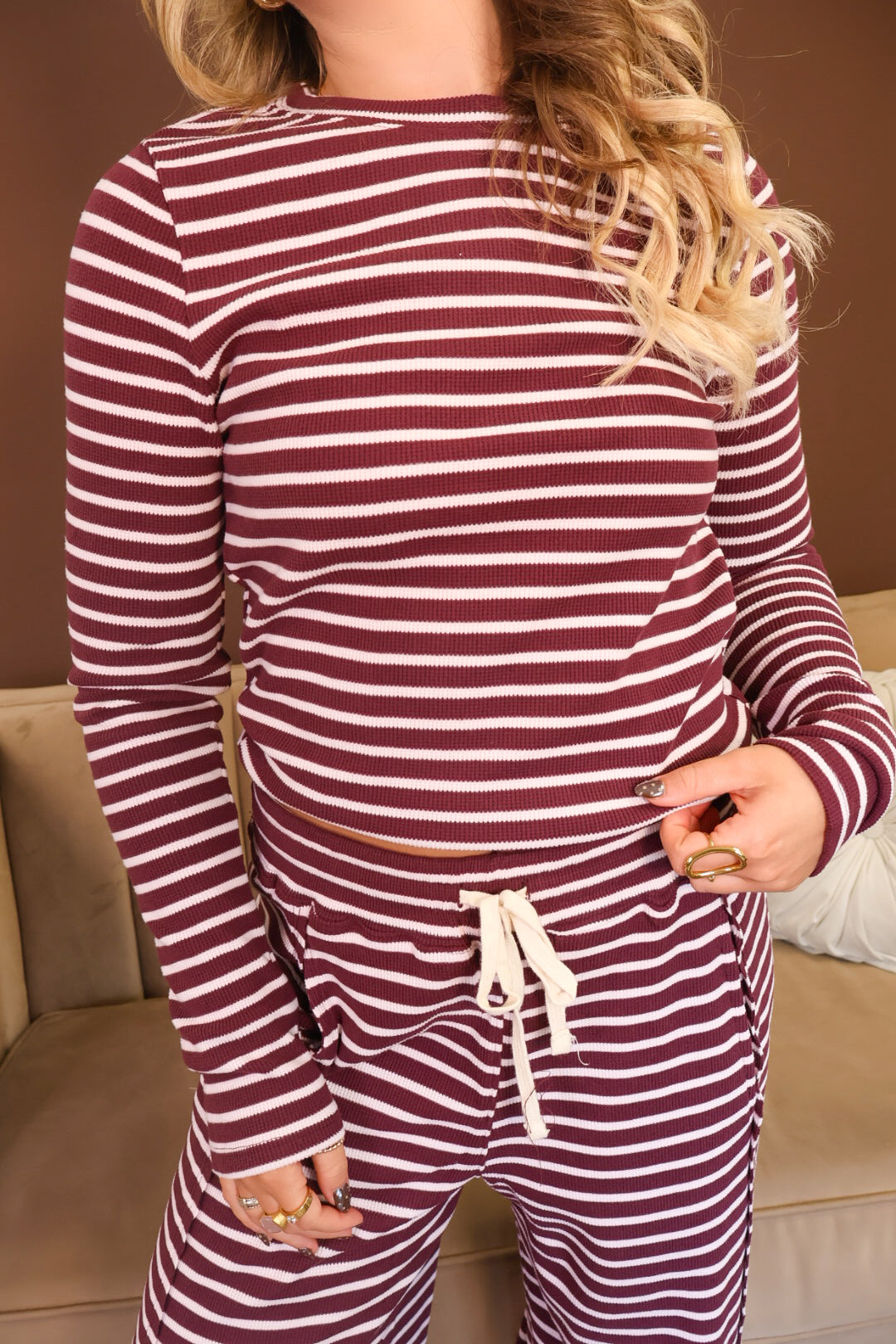 Plum Striped Rib Knit Top & Pants Set