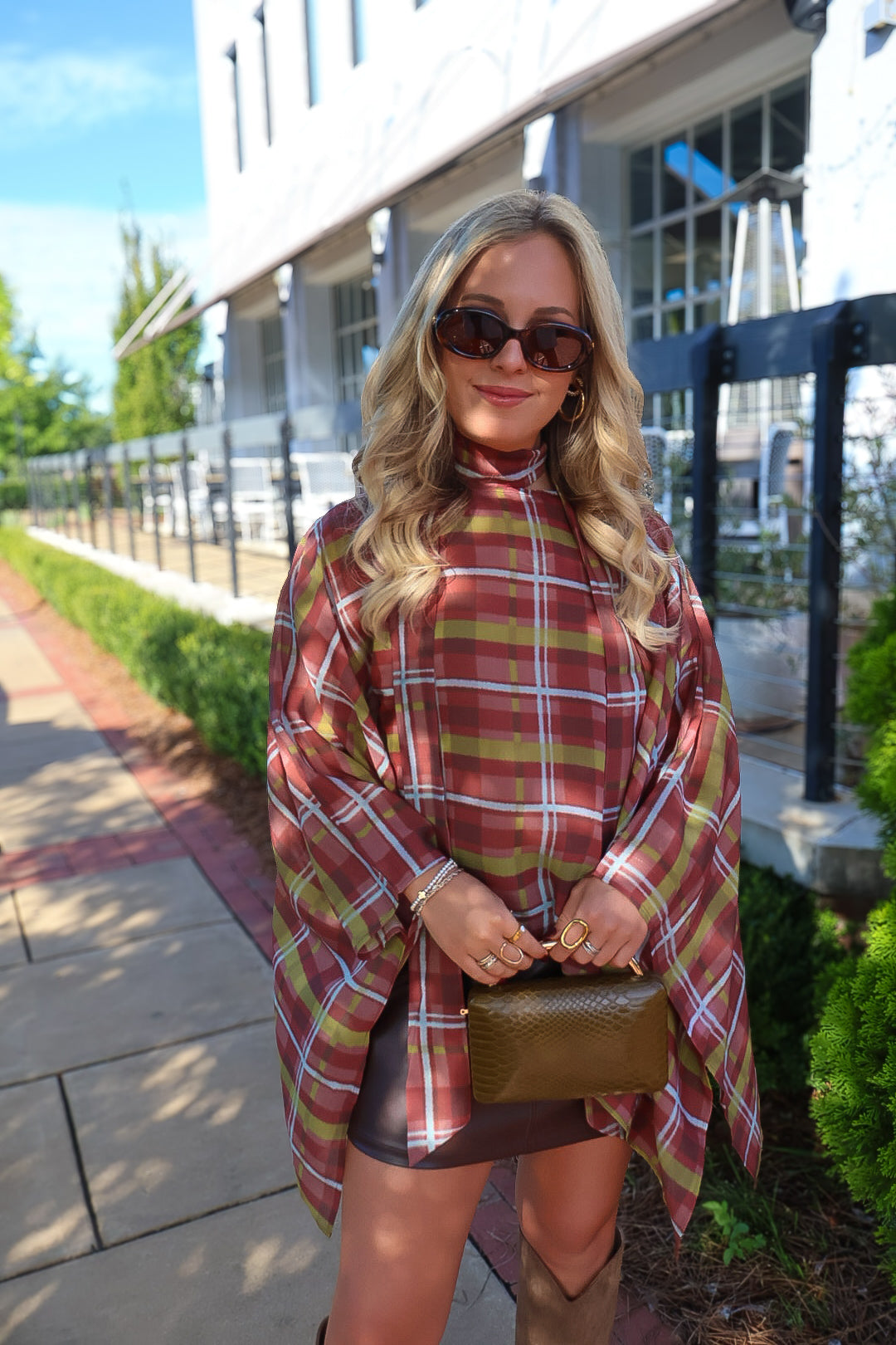 Plaid Poncho Top With Detached Neck Scarf