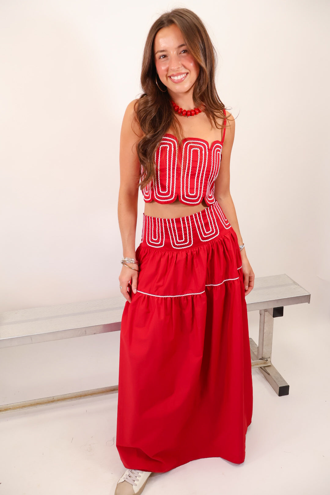 Crimson and White Trimmed Crop Top & Midi Skirt