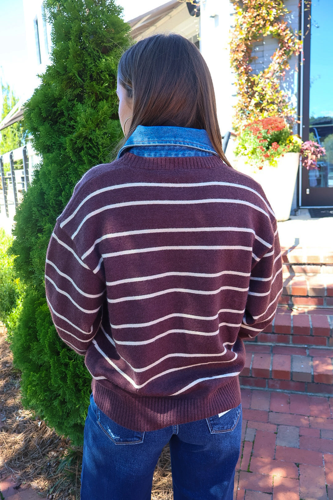 Striped Sweater With Denim Collar & Cuffs