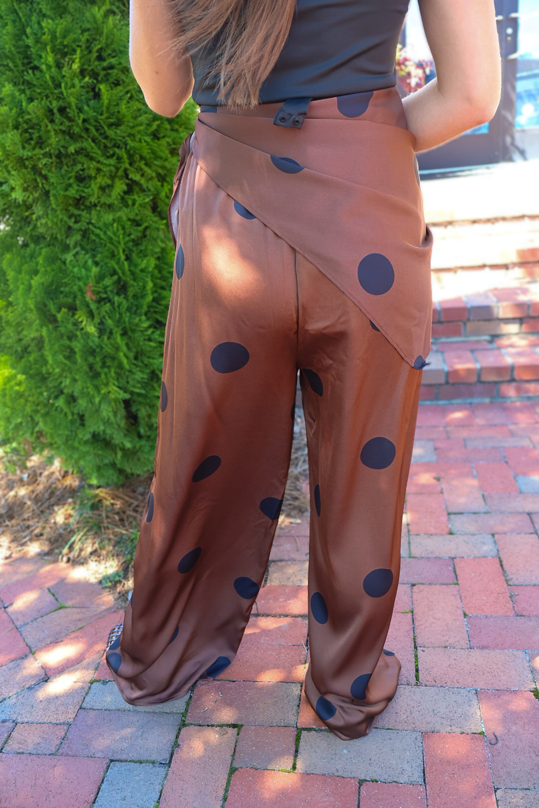 Brown & Black Polka Dot Satin Scarf Tie Pants