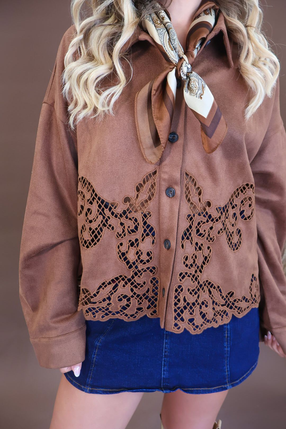 Chocolate Faux Suede Cutout Shirt Jacket