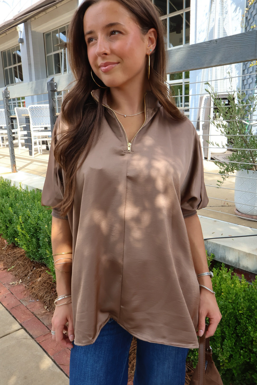 Mocha Satin Quarter-Zip Top