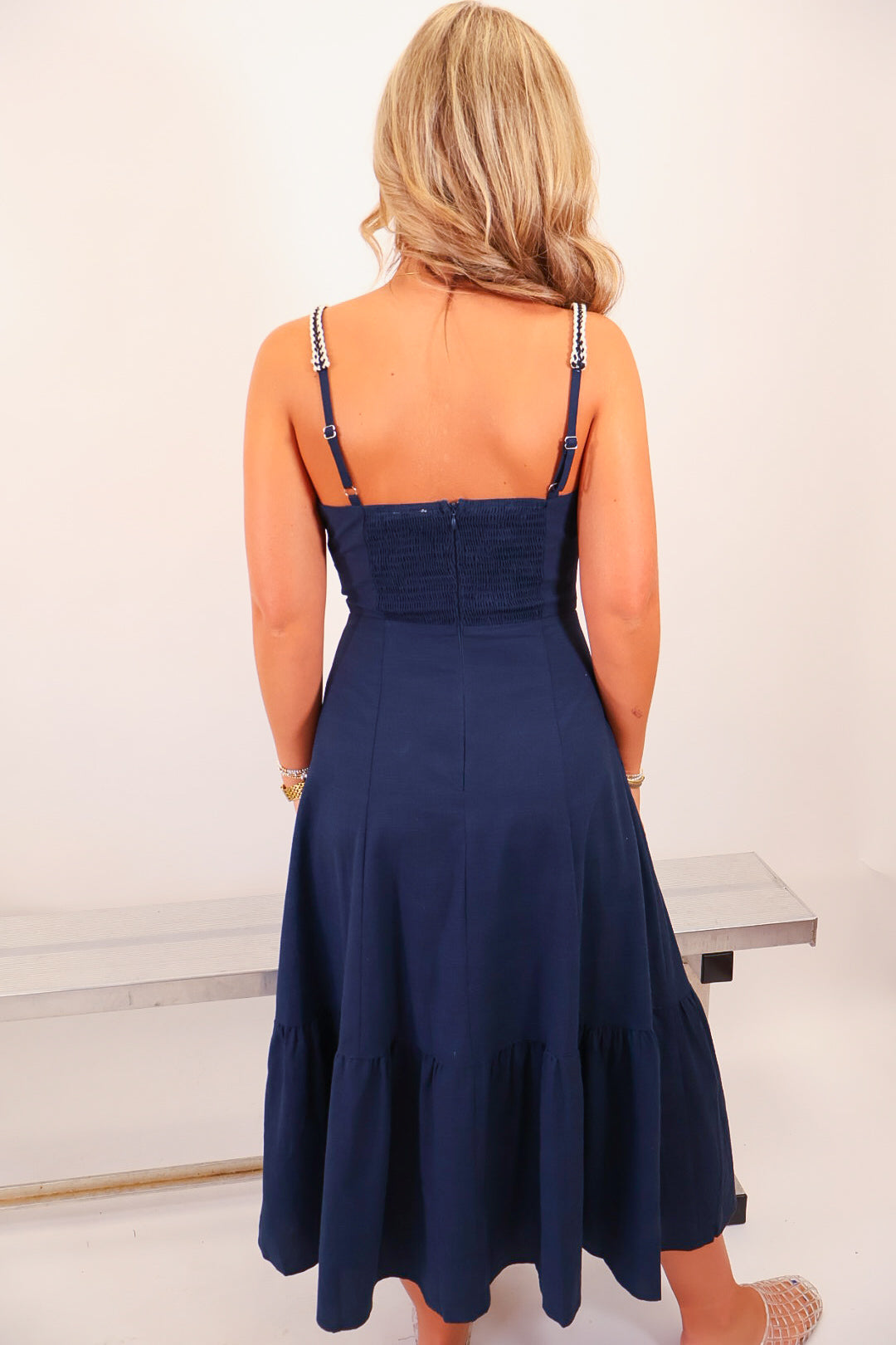Navy Braided Trim Midi Dress