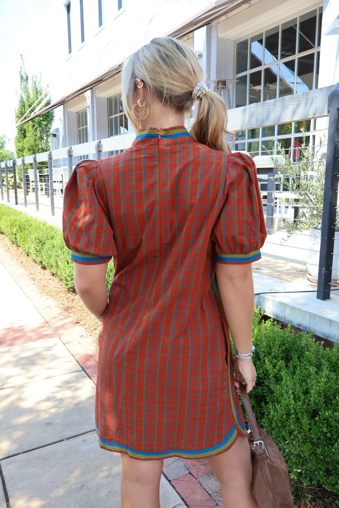 Rust Plaid Puff Sleeve Dress