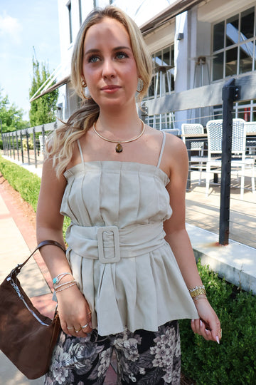 Tan Buckle Front Pleated Sleeveless Top