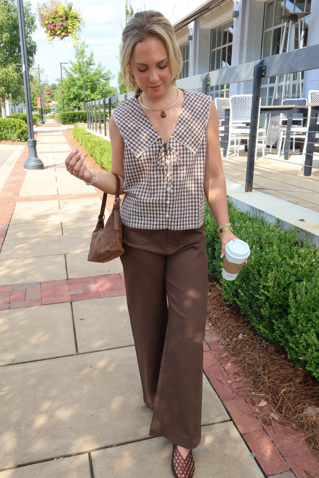 Brown Plaid Peter Pan Sleeveless Top