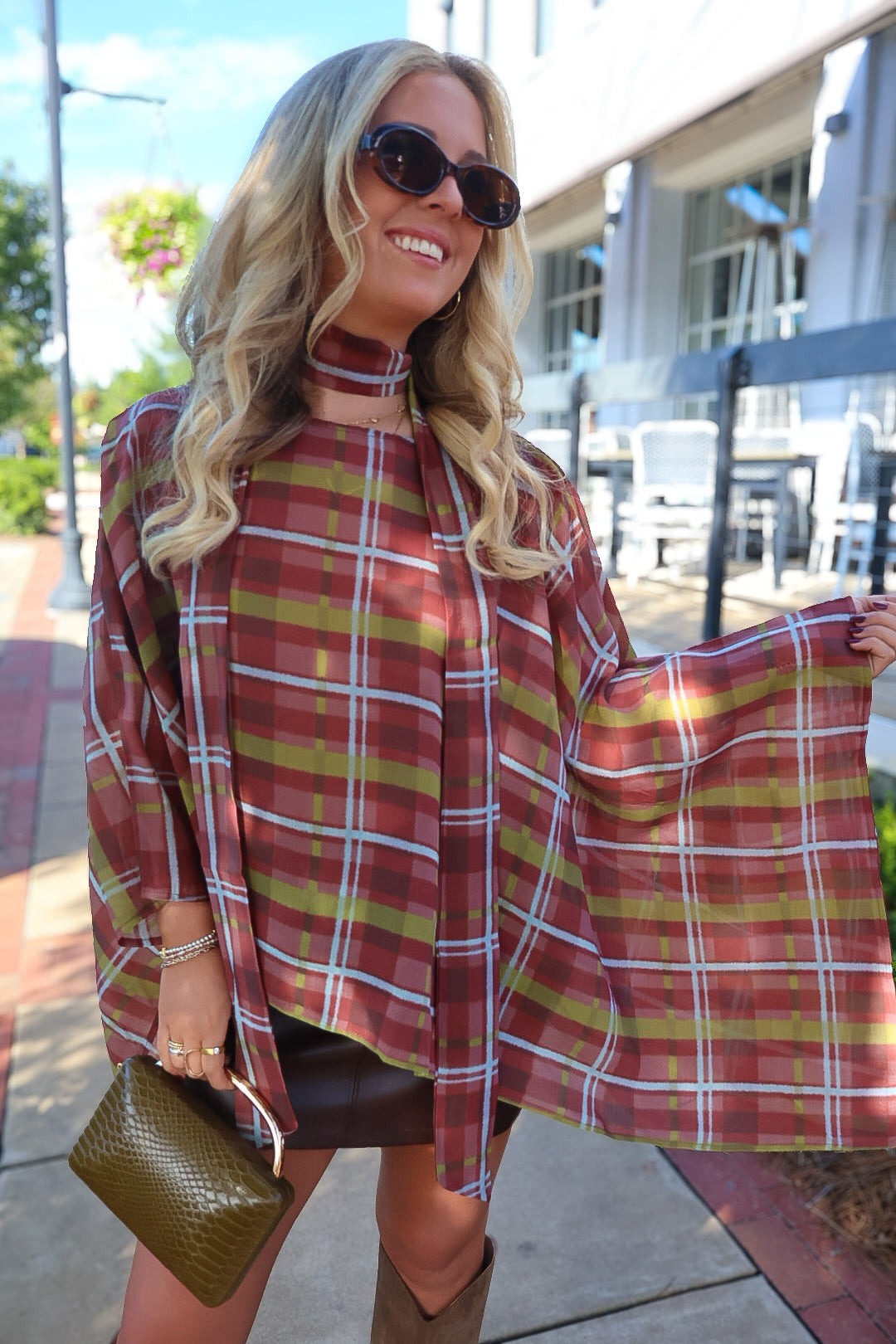 Plaid Poncho Top With Detached Neck Scarf