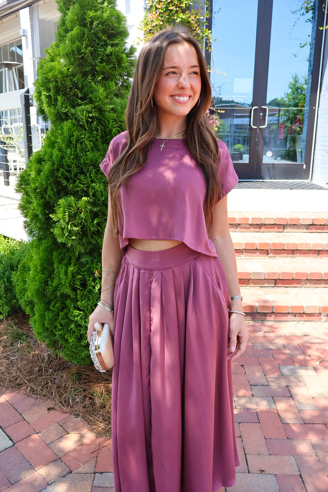 Mauve Satin Crop Top & Midi Skirt Set