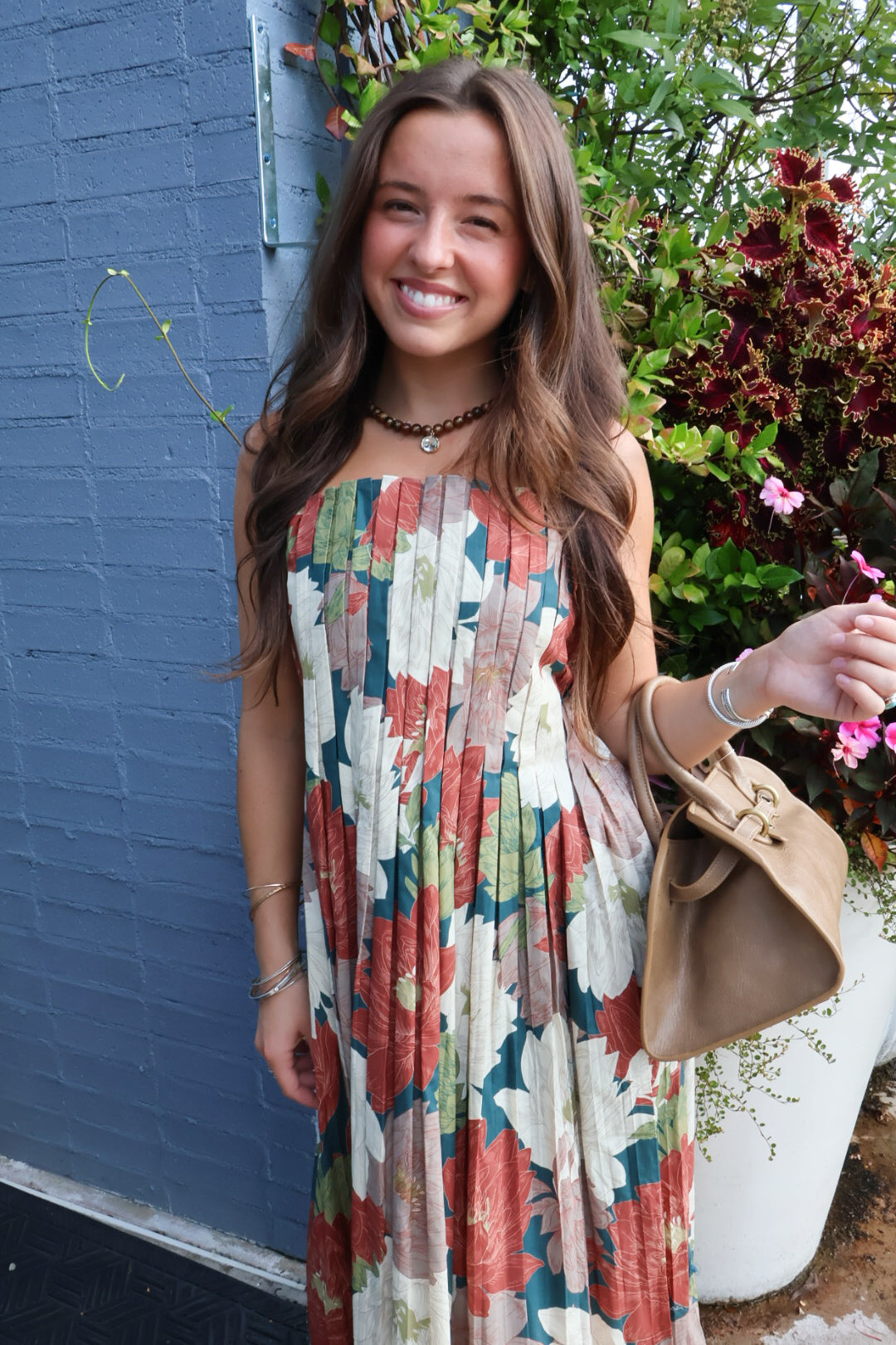 Teal Floral Spaghetti Strap Midi Dress