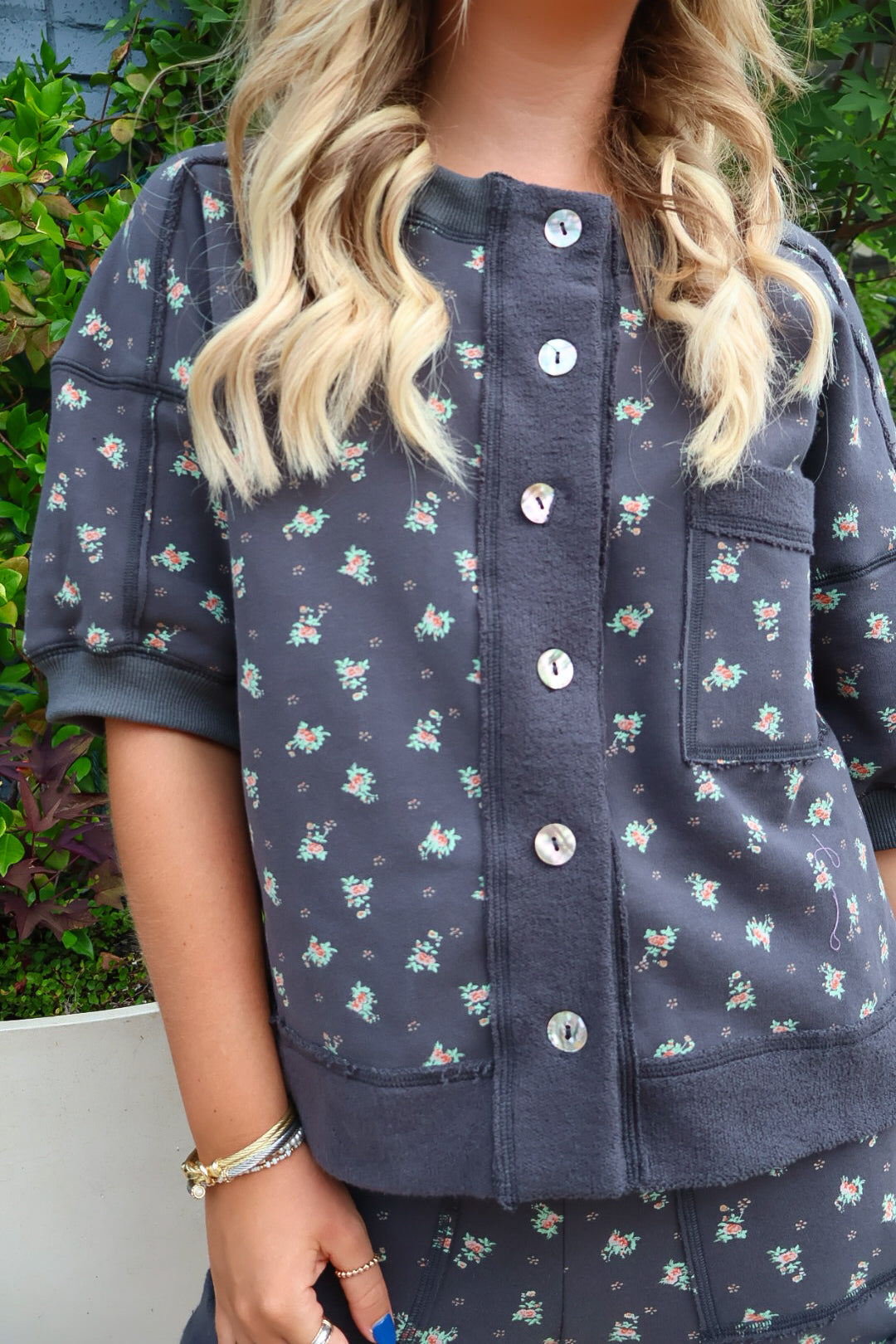 Cozy Charcoal Floral Terry Top and Shorts Set