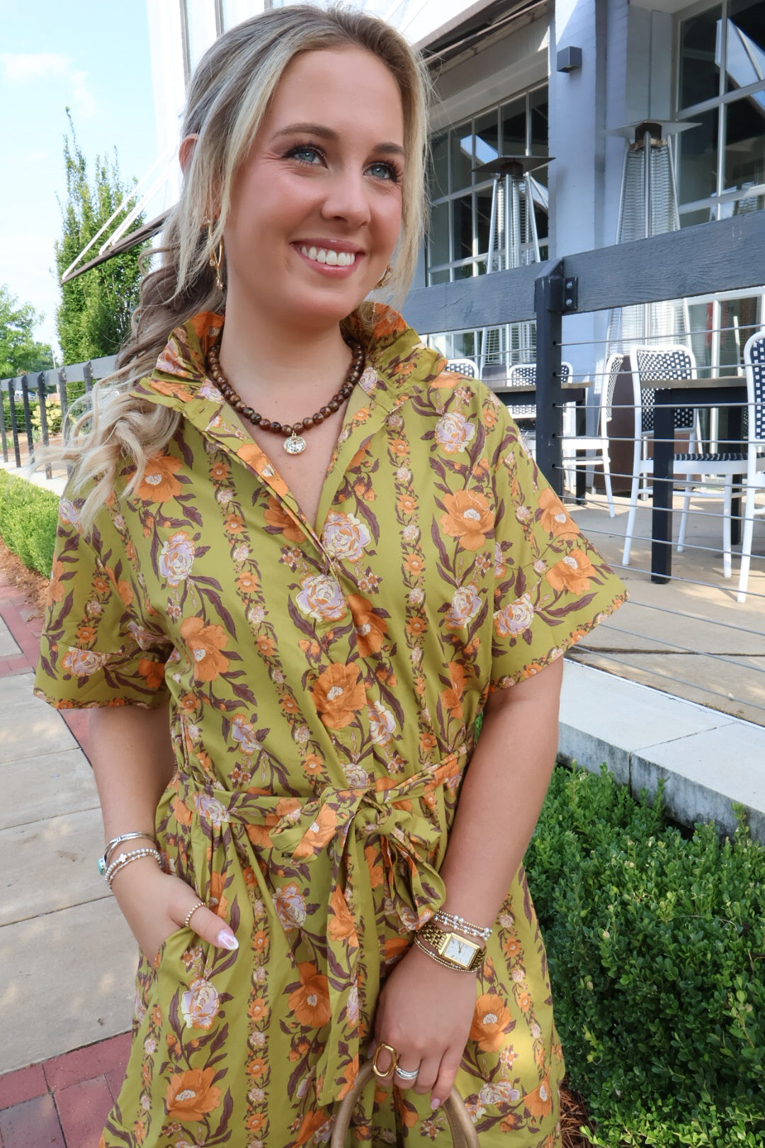 Green & Orange Floral Tie-Front Dress