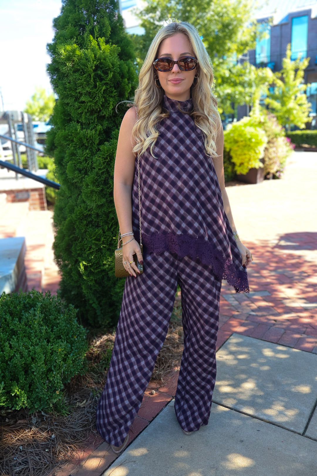 Plum Plaid Asymmetrical Top & Wide Leg Pants Set