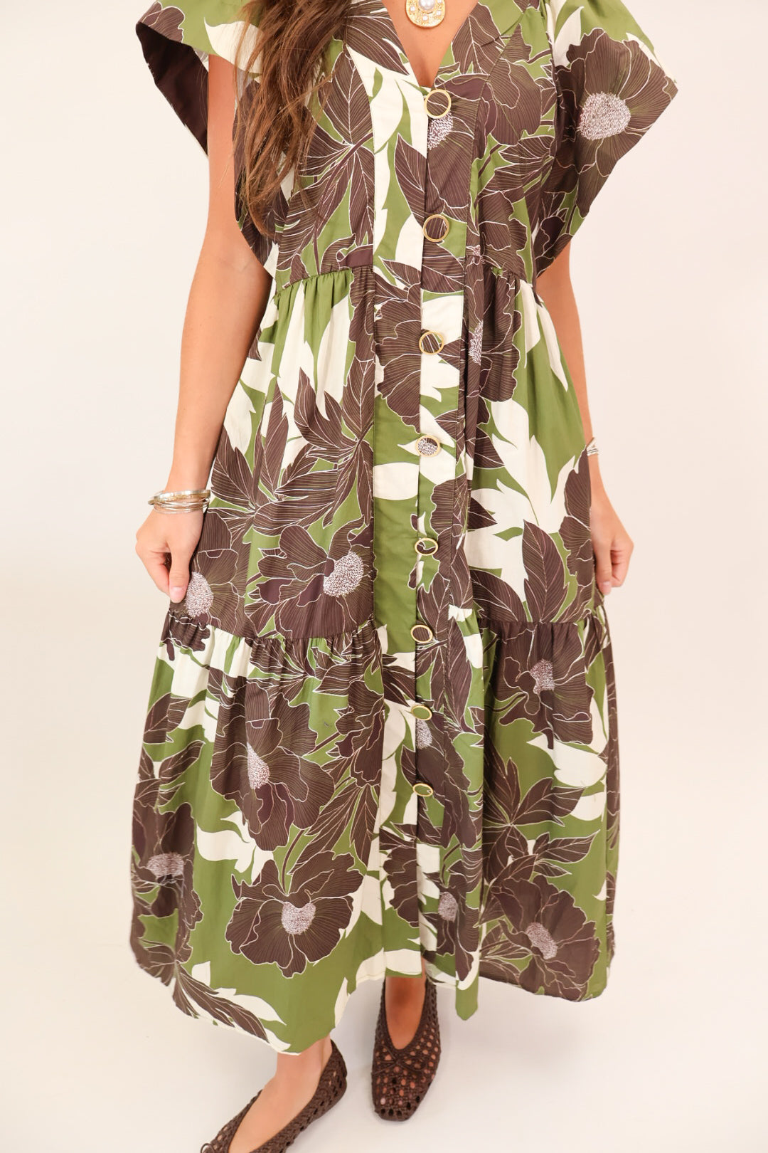 Olive & Brown Floral Button-Front Midi Dress
