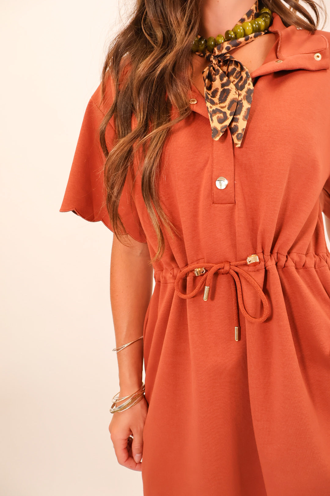 Rust Scallop Sleeve Snap Dress