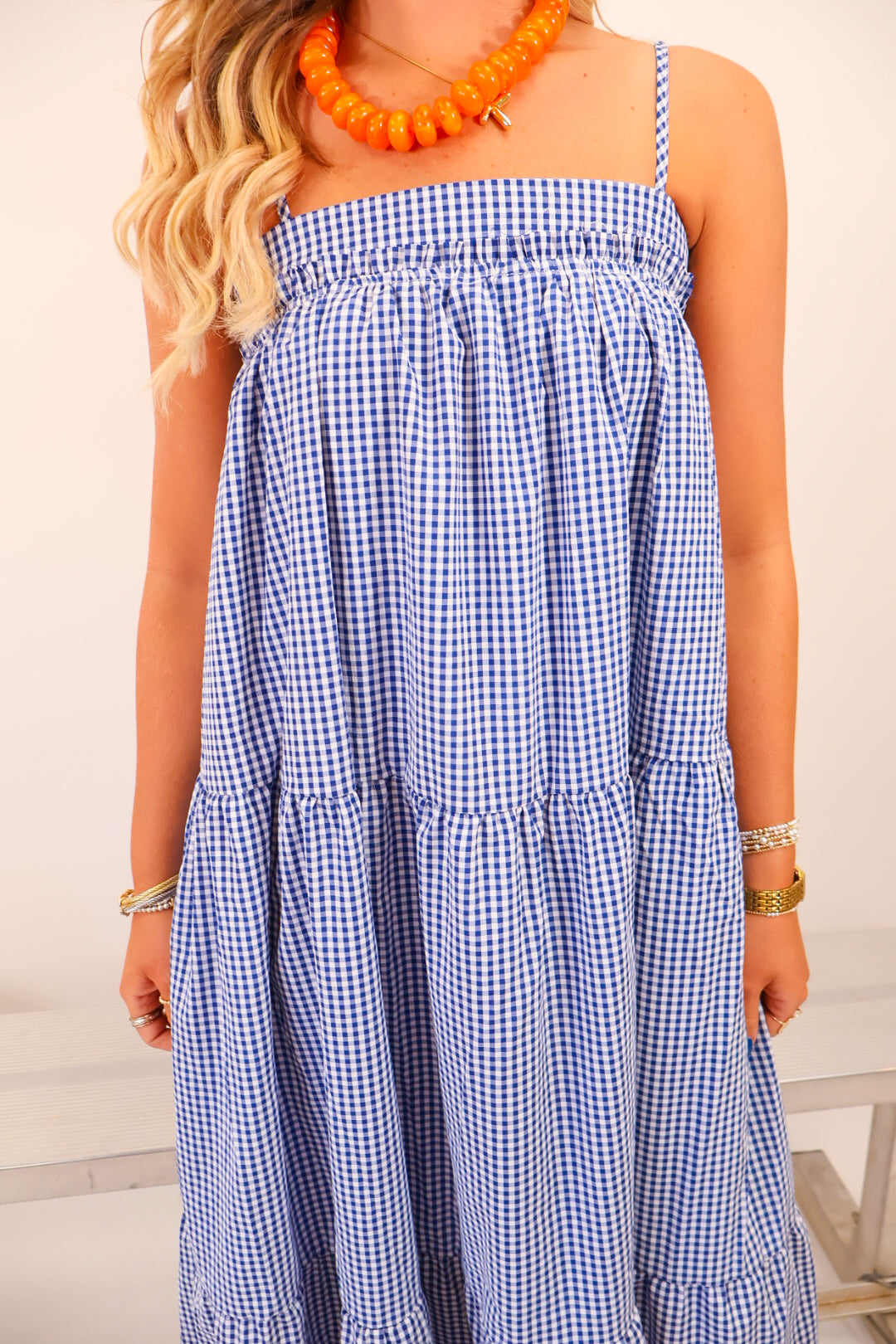 Blue Gingham Tiered Maxi Dress