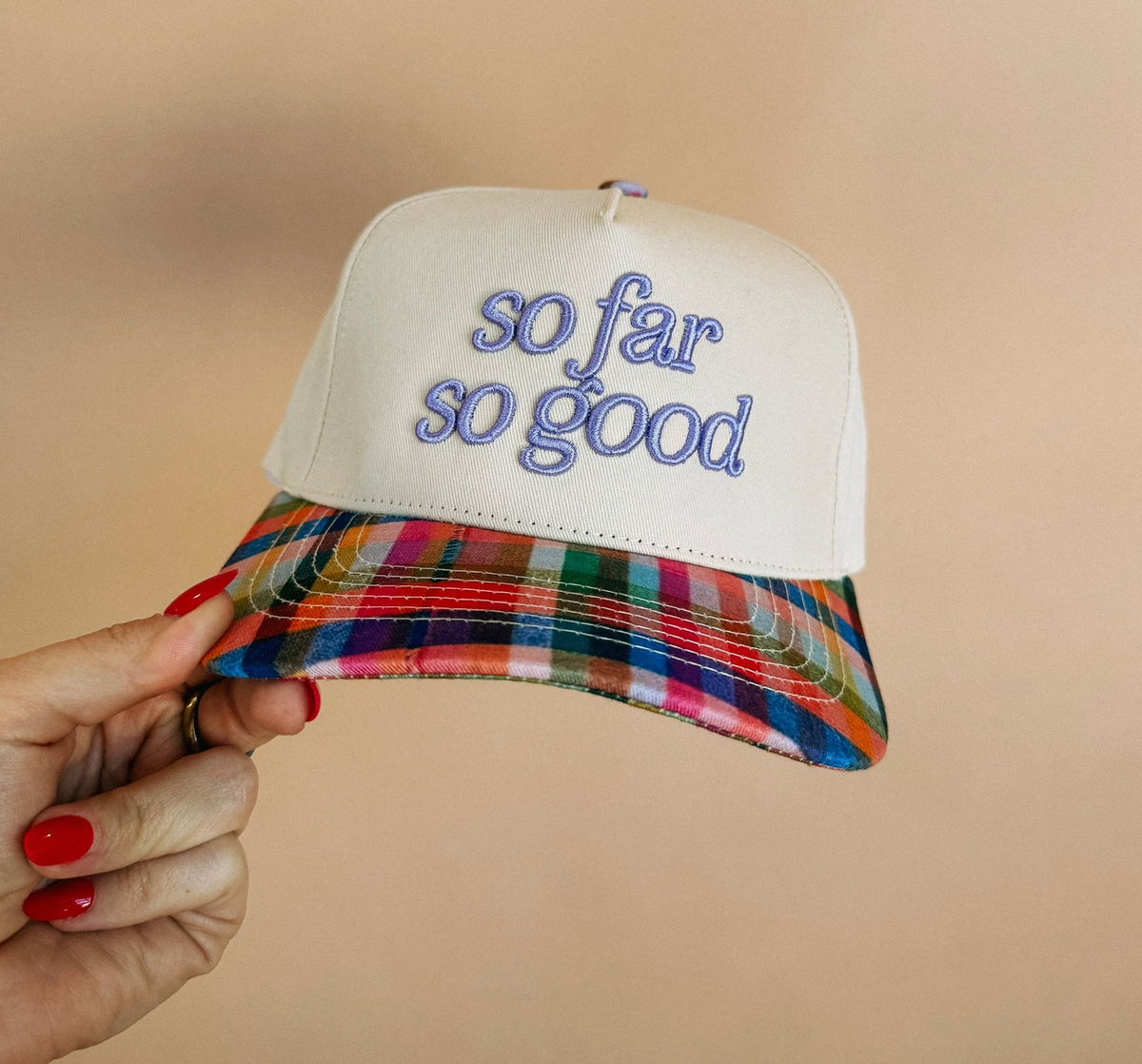 So Far So Good Plaid Brim Trucker Hat