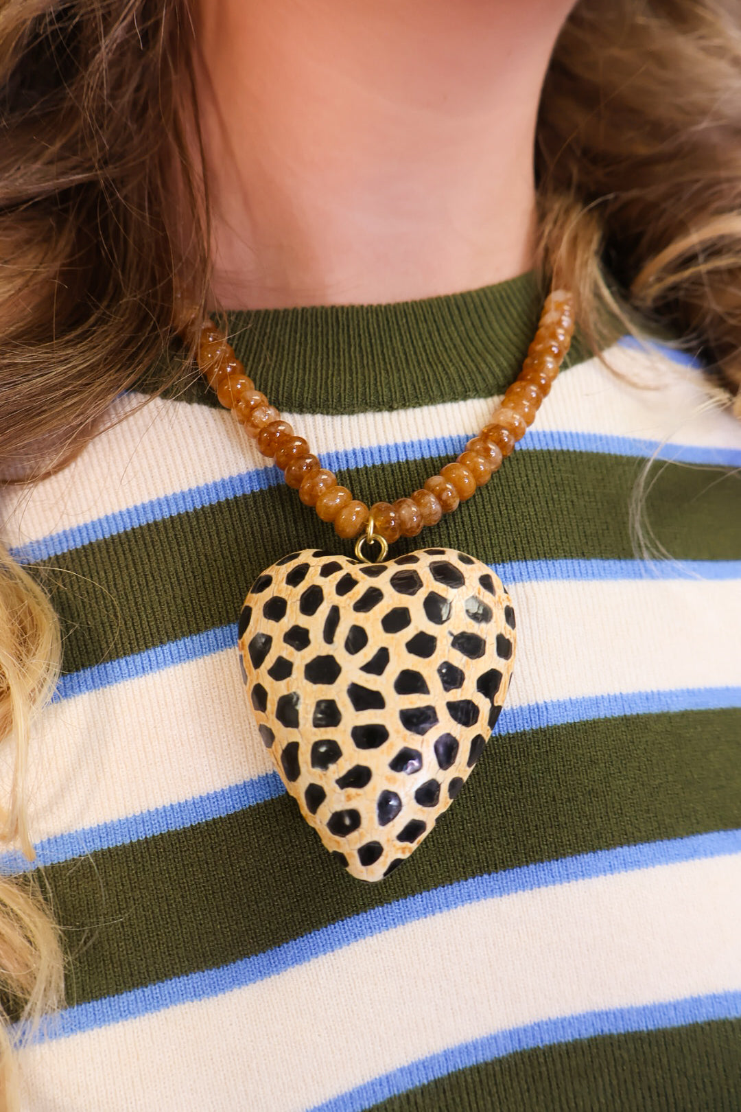Spotted Wooden Heart Beaded Necklace